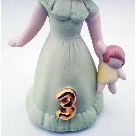 Enesco Birthday Girl Age 3 Brunette Green Dress Bisque Porcelain 1982 3.25" - Picture 5 of 15
